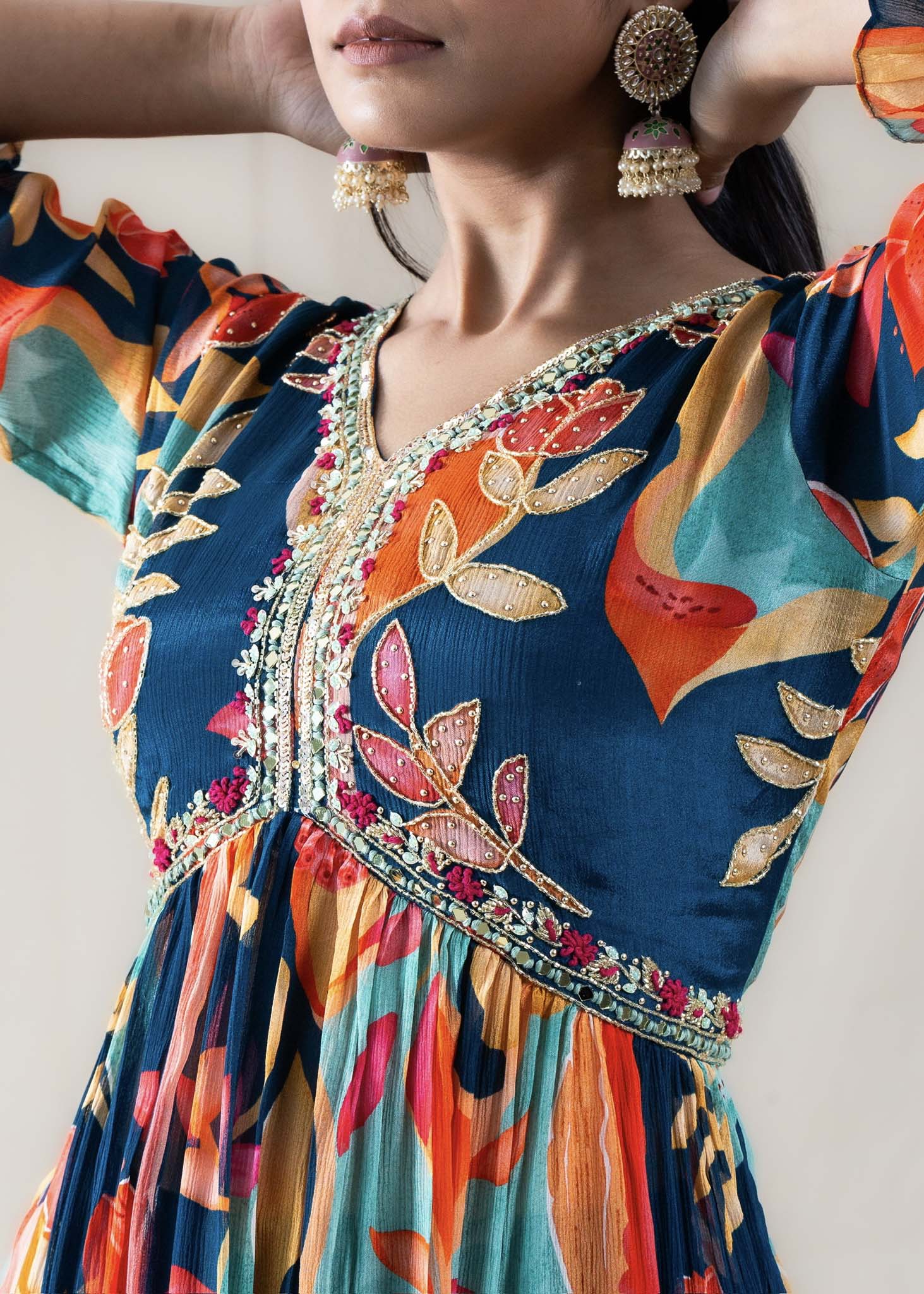 Blue Printed Chinon Kurta with Pant and Dupatta