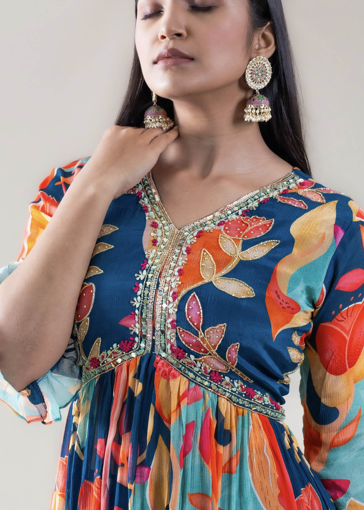 Blue Printed Chinon Kurta with Pant and Dupatta