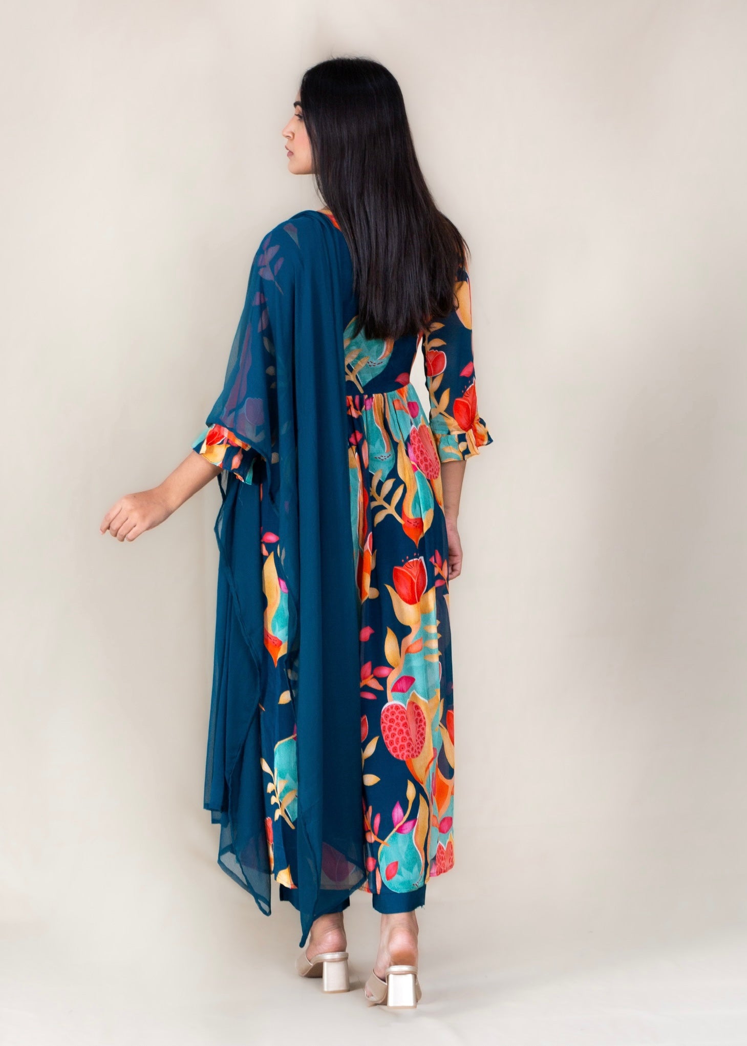 Blue Printed Chinon Kurta with Pant and Dupatta