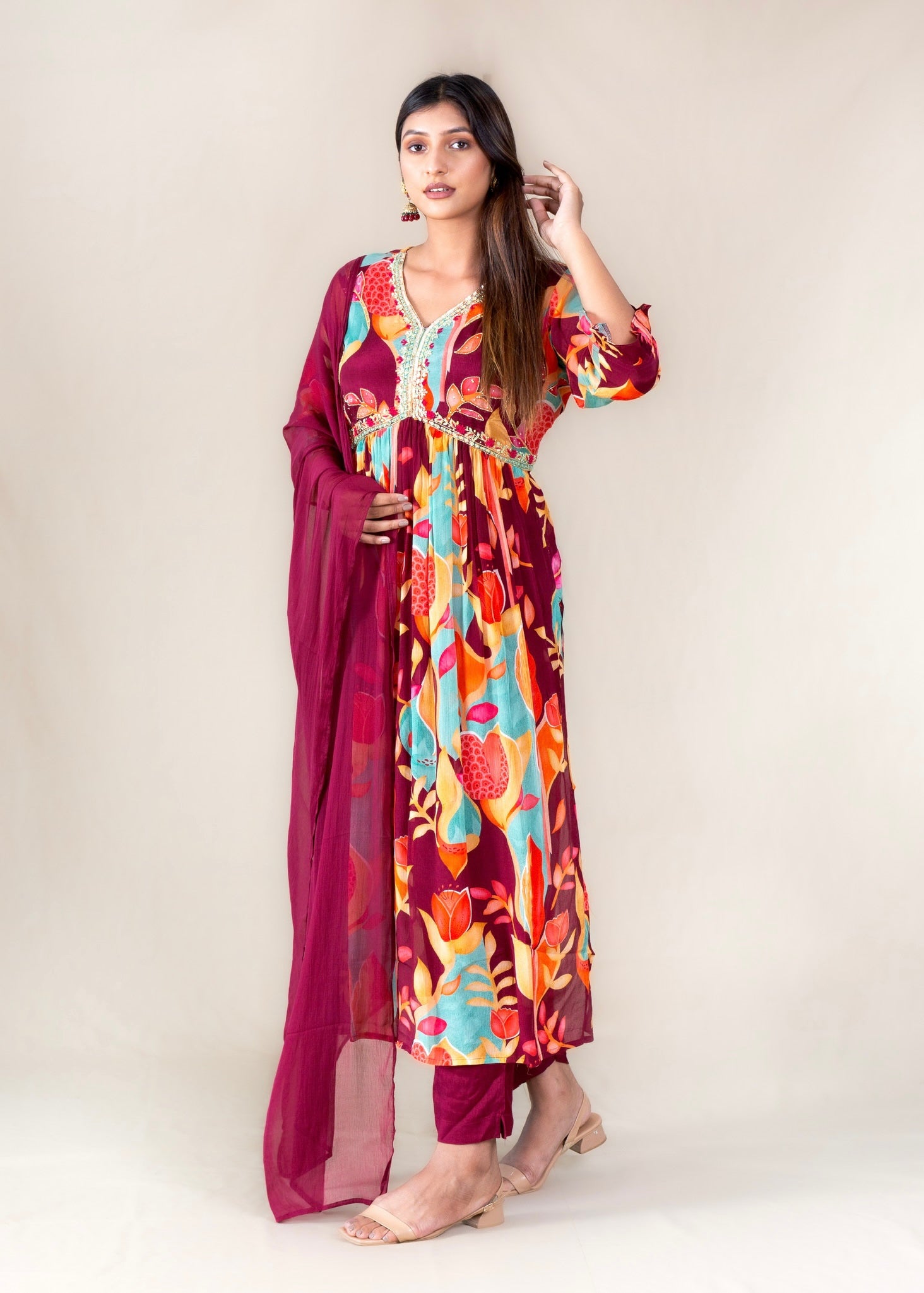 Maroon Printed Chinon Kurta with Pant and Dupatta