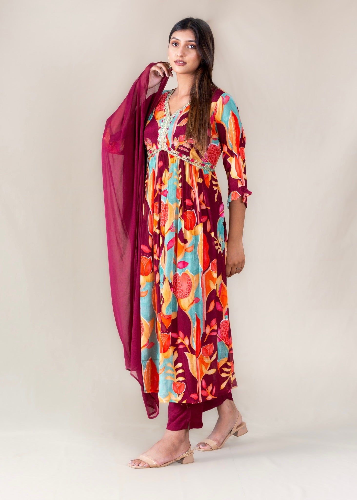 Maroon Printed Chinon Kurta with Pant and Dupatta