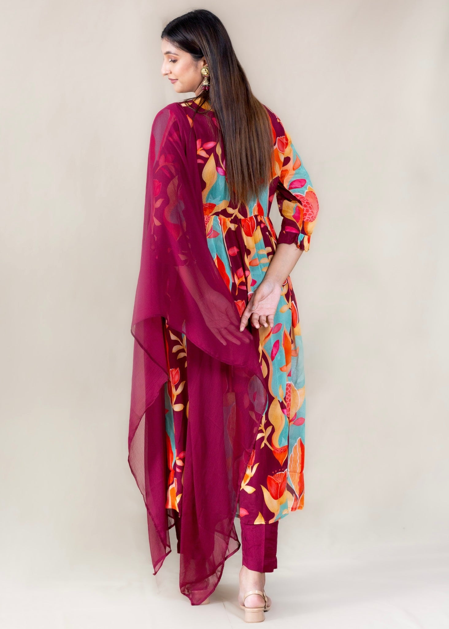 Maroon Printed Chinon Kurta with Pant and Dupatta