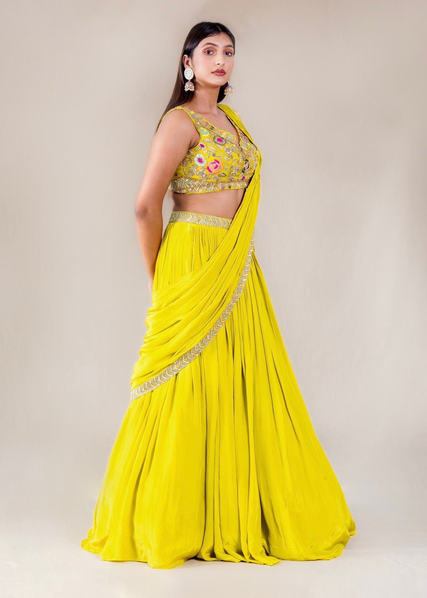 Lemon Yellow Drape Lehenga with Readymade blouse