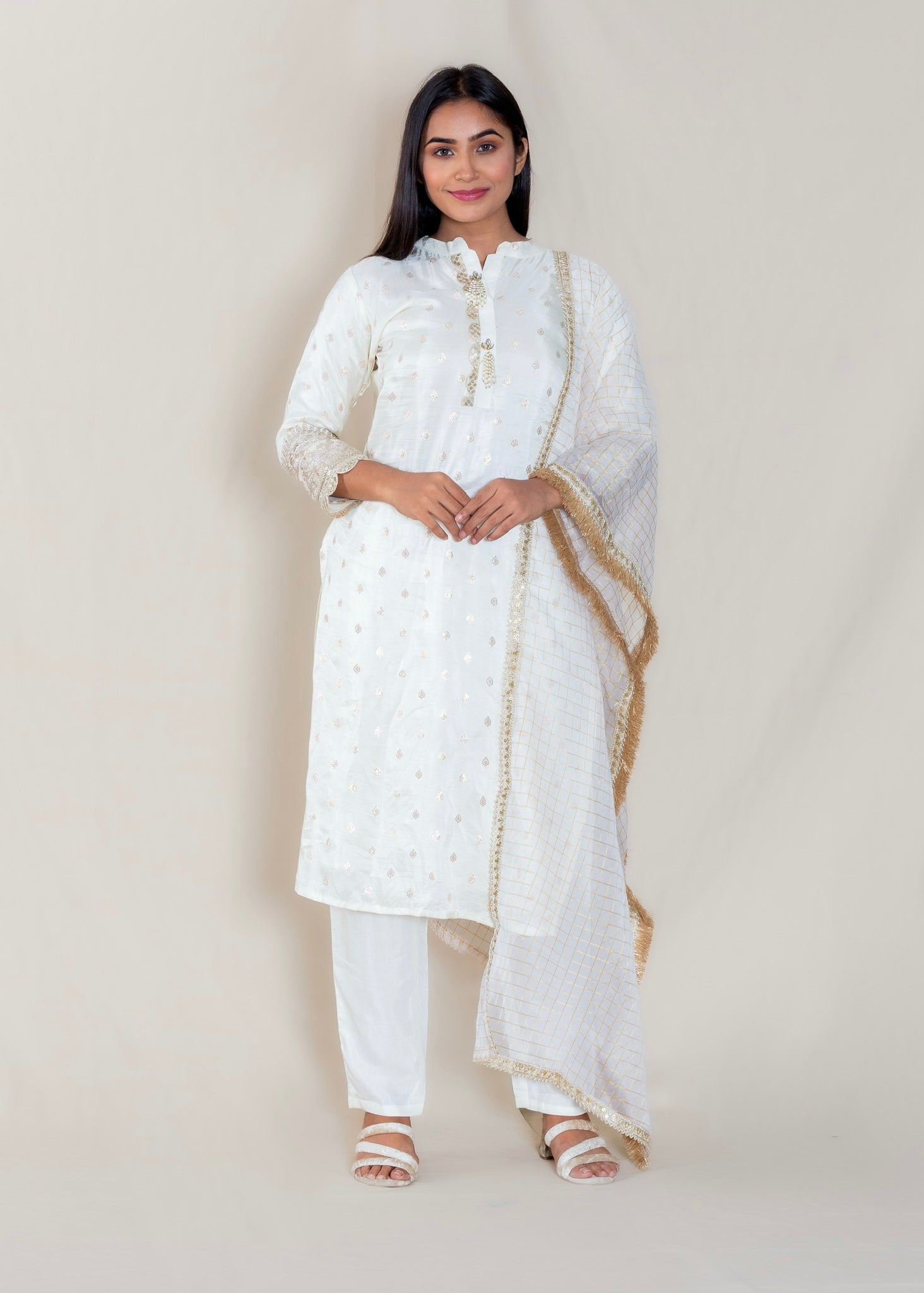 Offwhite Chanderi Cotton Kurta with Pant and Dupatta