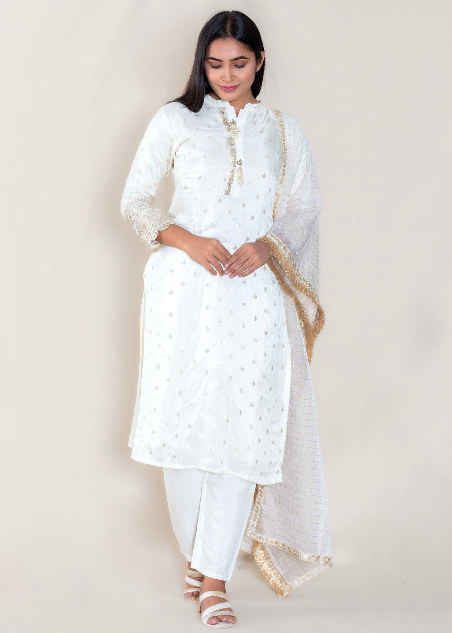 Offwhite Chanderi Cotton Kurta with Pant and Dupatta