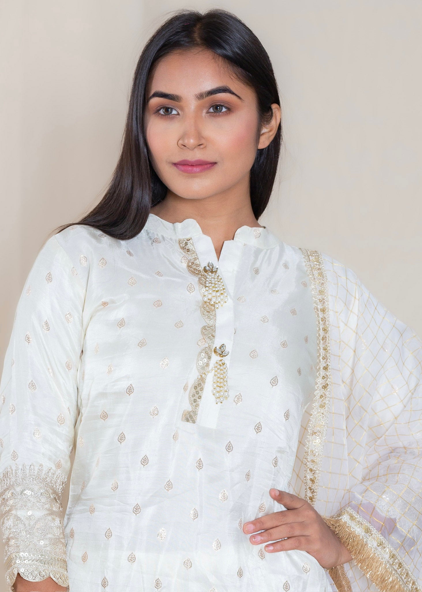 Offwhite Chanderi Cotton Kurta with Pant and Dupatta