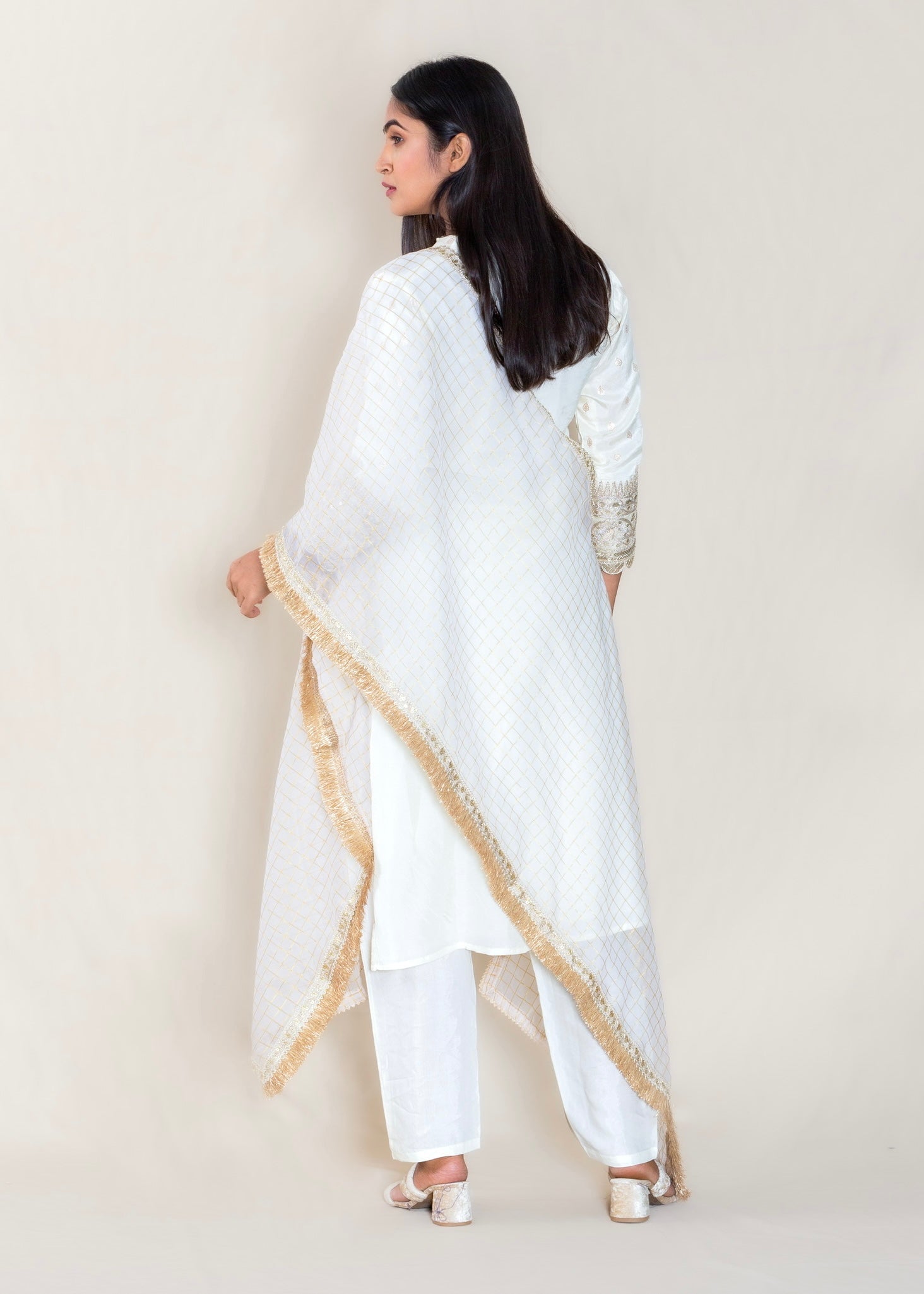 Offwhite Chanderi Cotton Kurta with Pant and Dupatta