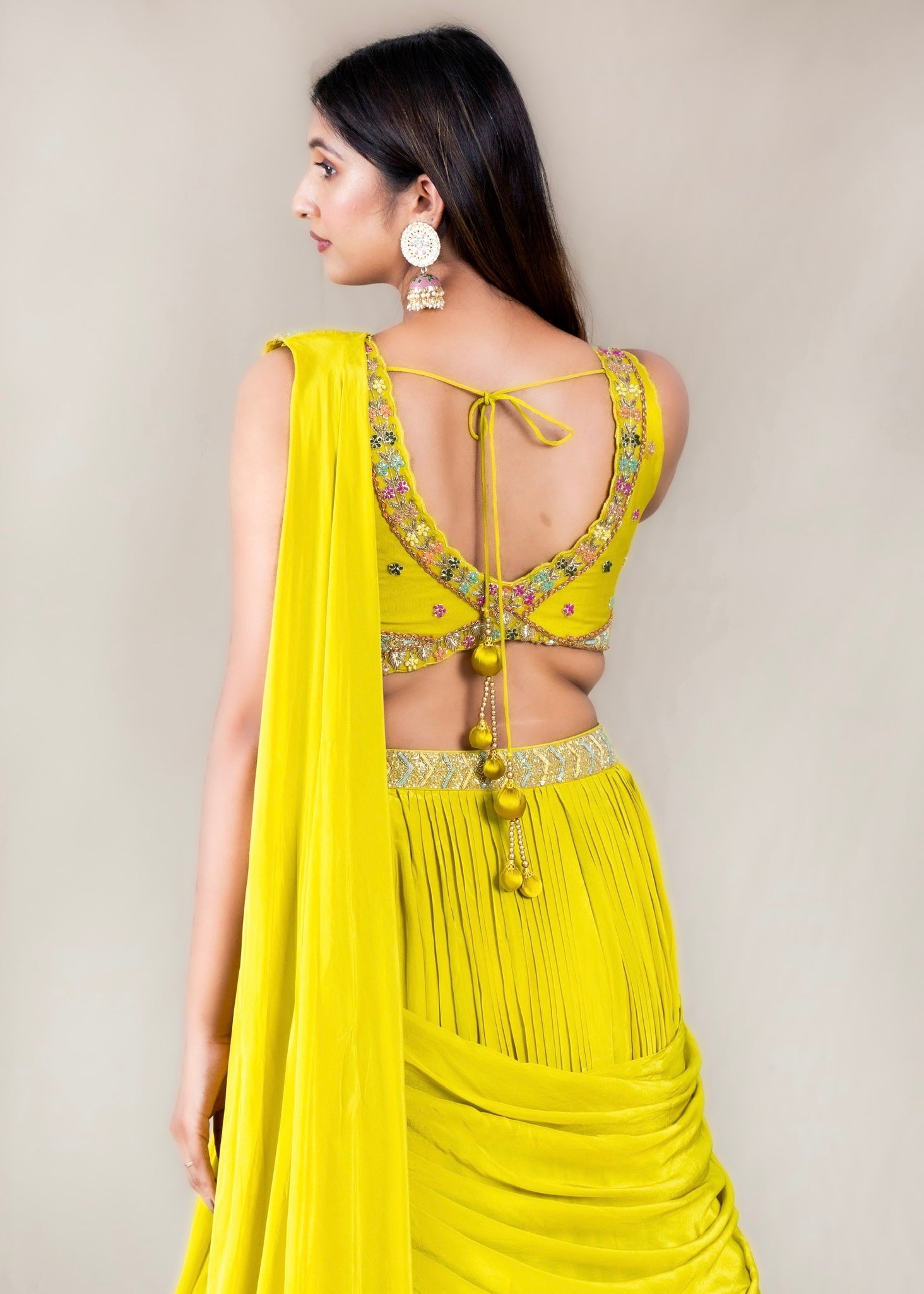 Lemon Yellow Drape Lehenga with Readymade blouse