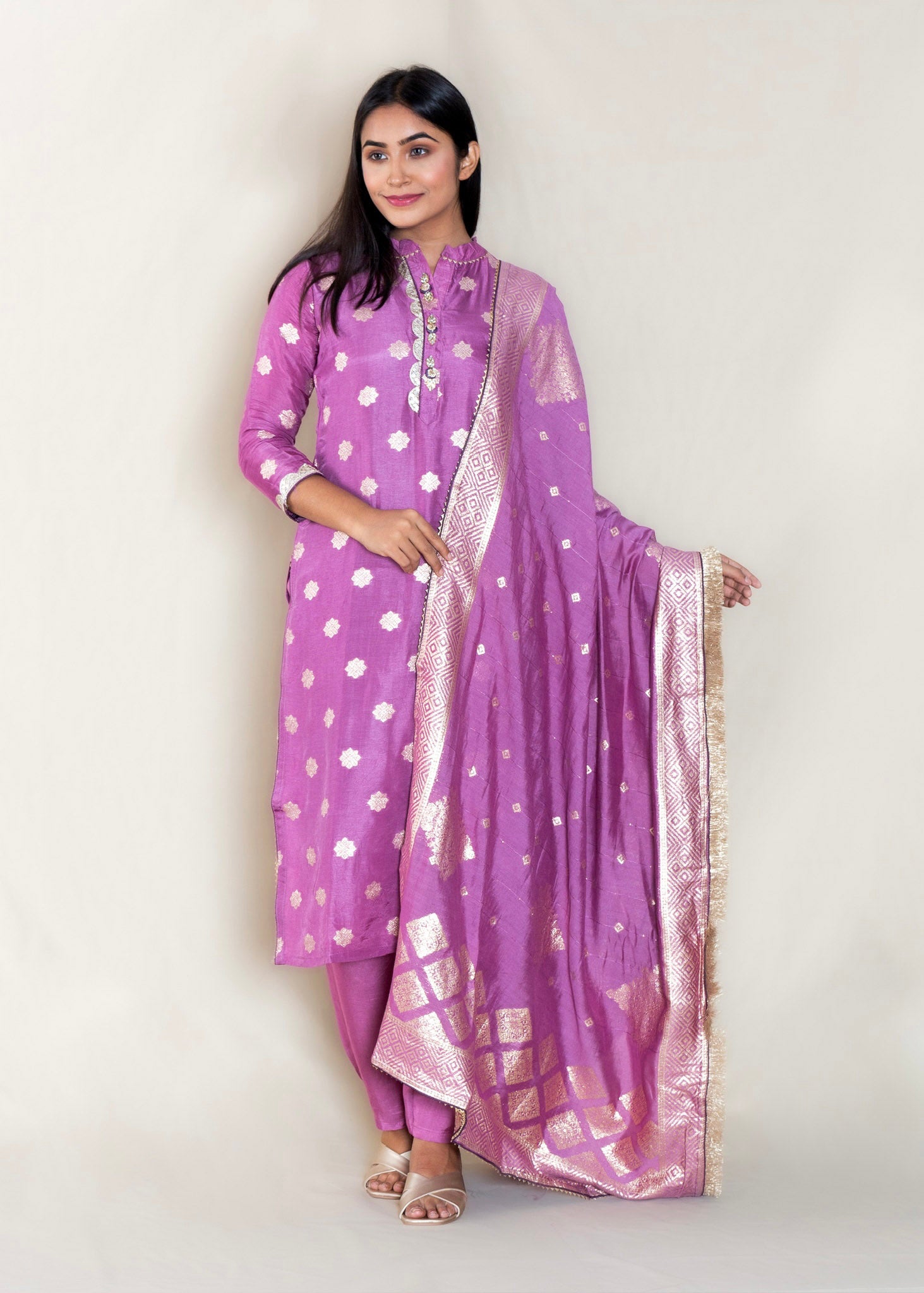 Purple Chanderi Cotton Kurta with Pant and Dupatta