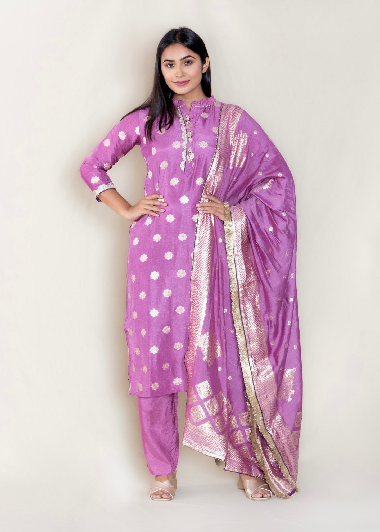 Purple Chanderi Cotton Kurta with Pant and Dupatta