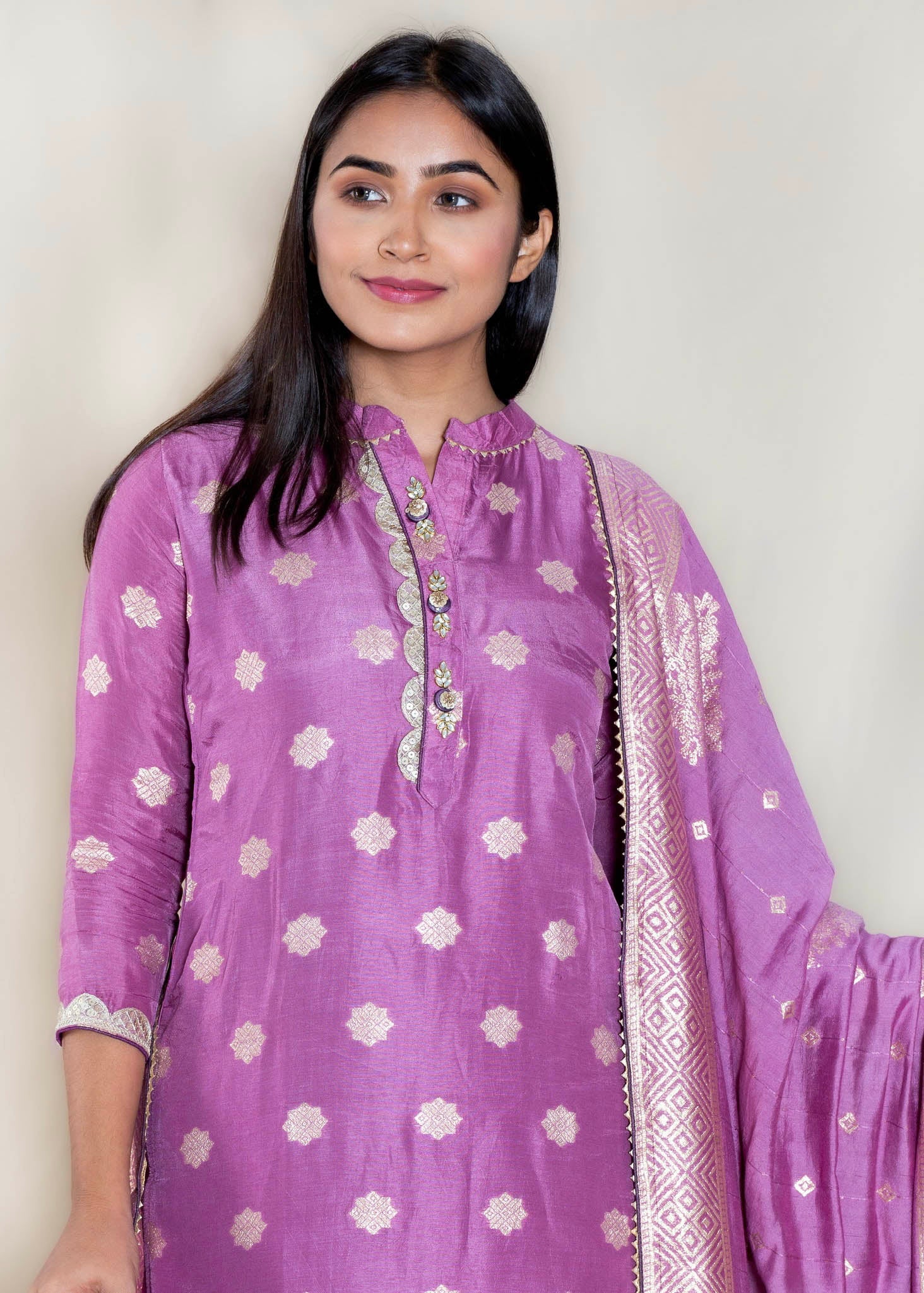 Purple Chanderi Cotton Kurta with Pant and Dupatta