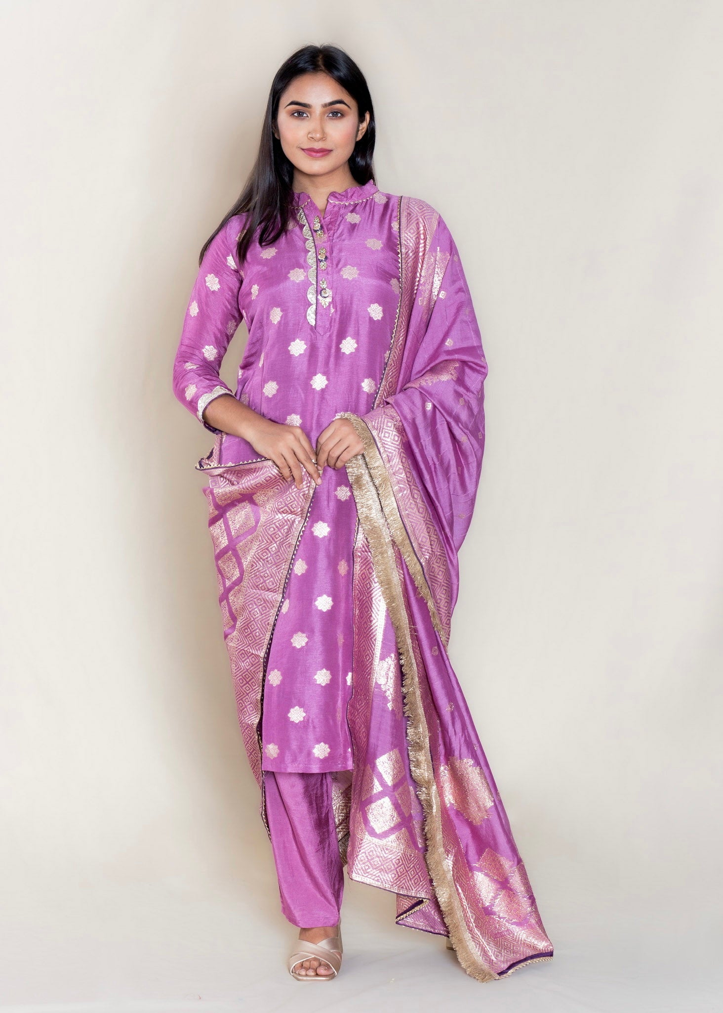 Purple Chanderi Cotton Kurta with Pant and Dupatta