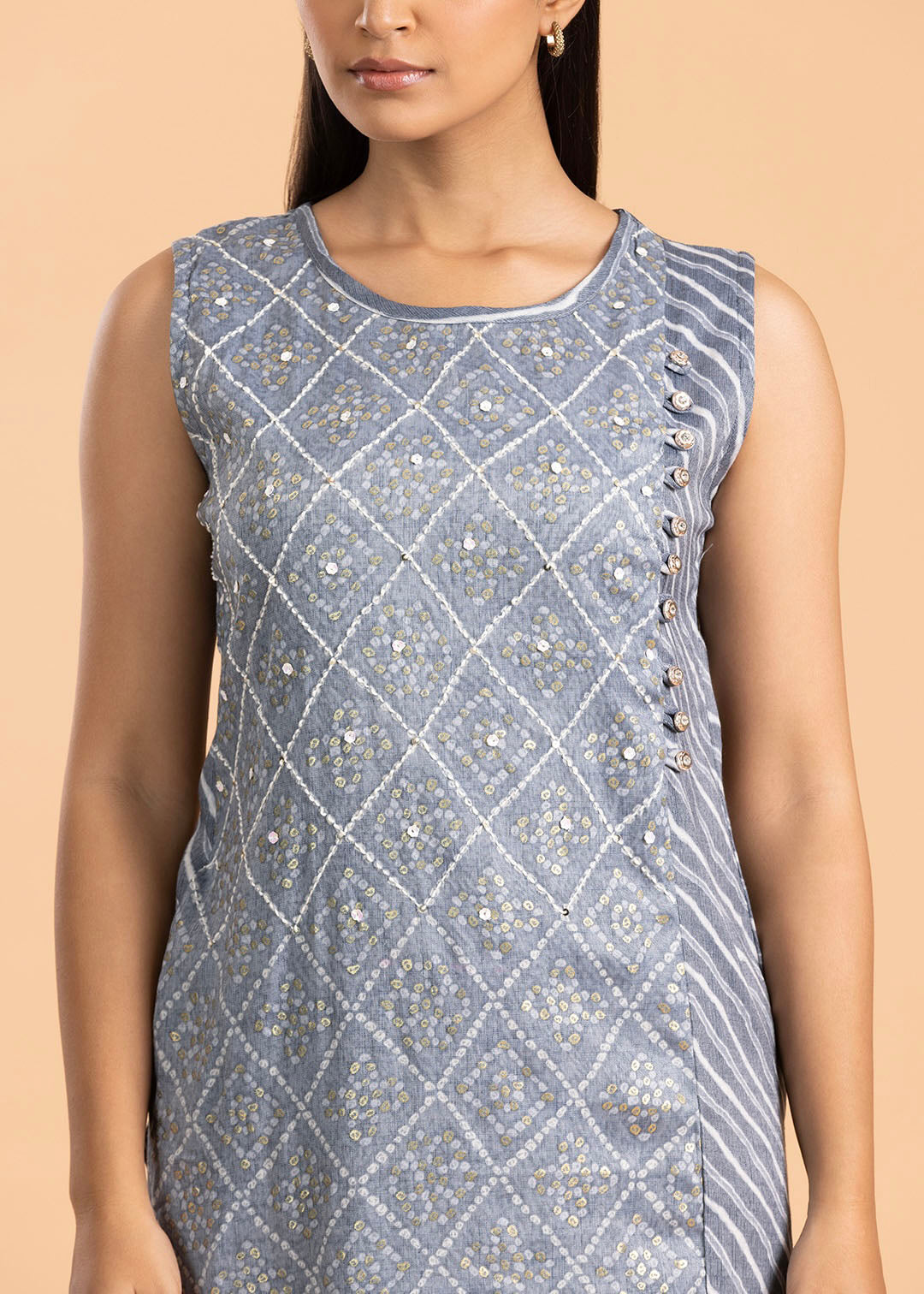 Grey Printed Rayon Cotton Kurti