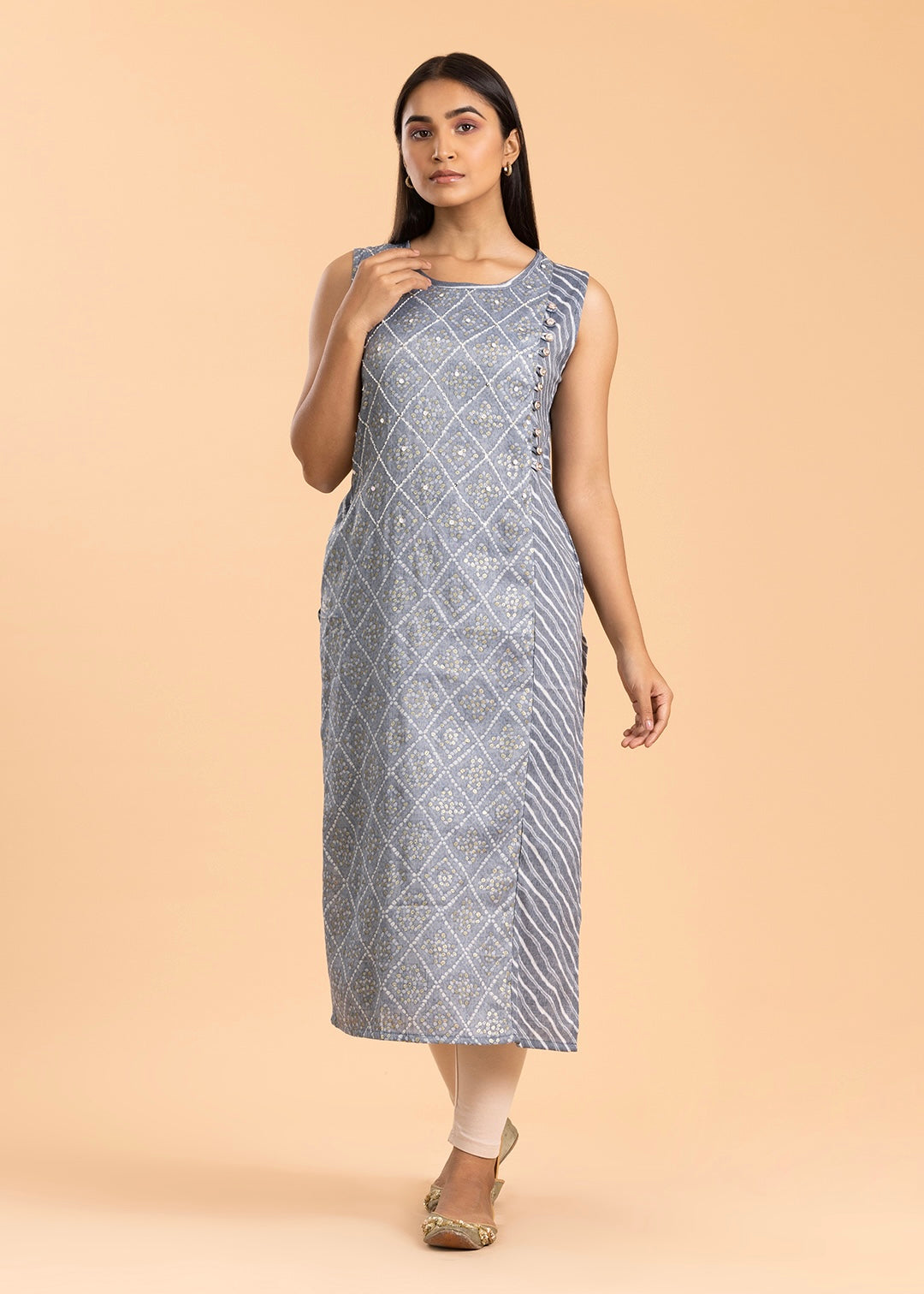 Grey Printed Rayon Cotton Kurti