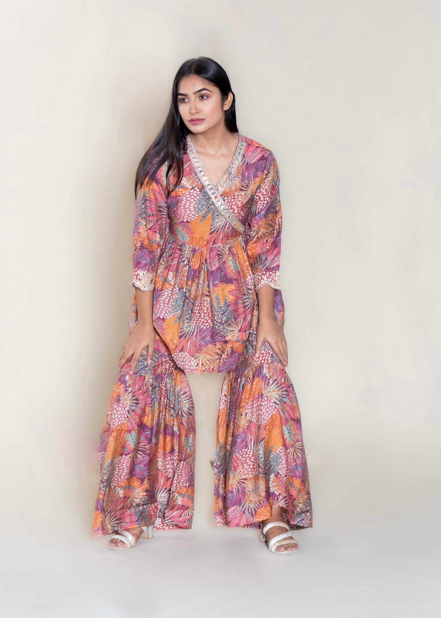 Multi-Coloured Sharara Style Co-ord in Muslin Cotton