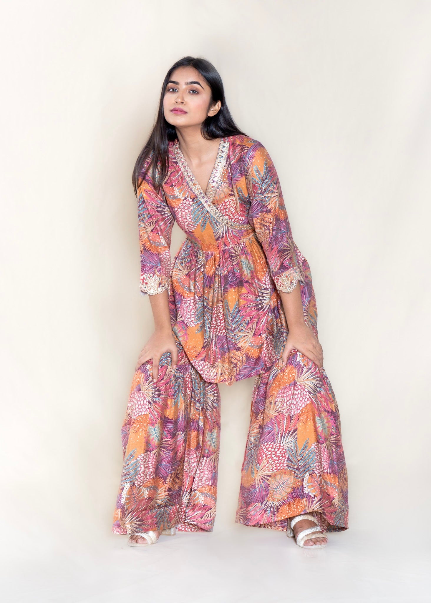 Multi-Coloured Sharara Style Co-ord in Muslin Cotton