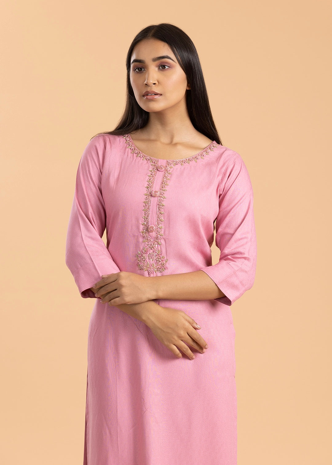 Pink Embroidered Rayon Cotton Kurti