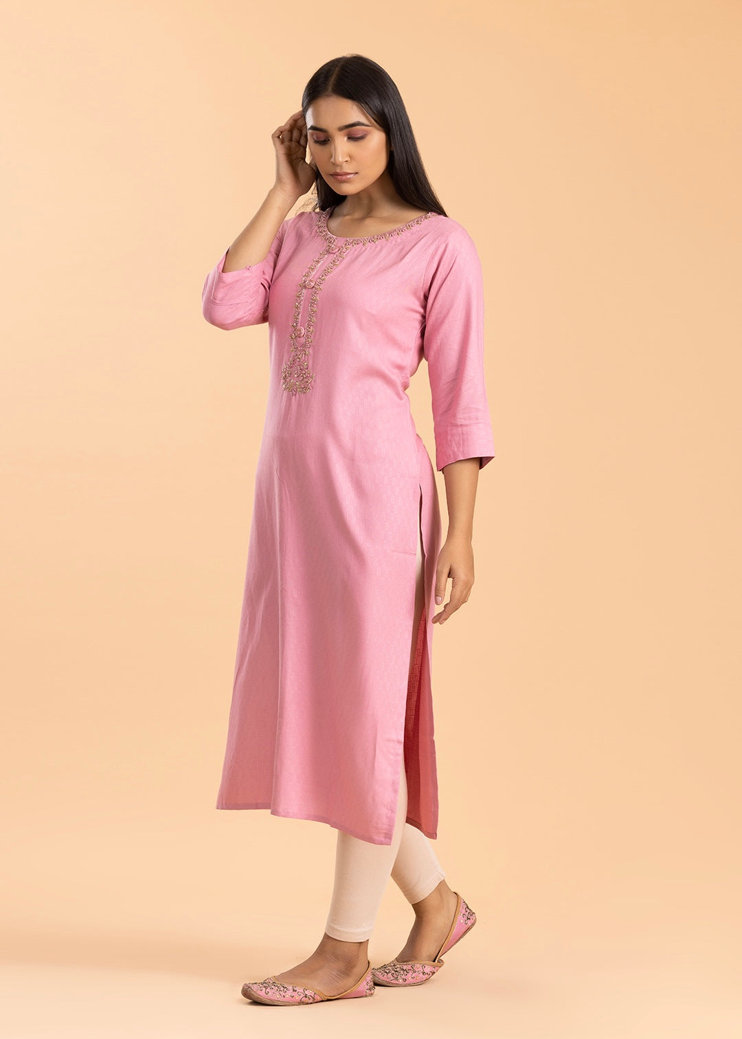 Pink Embroidered Rayon Cotton Kurti