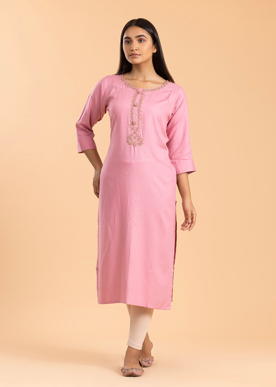 Pink Embroidered Rayon Cotton Kurti