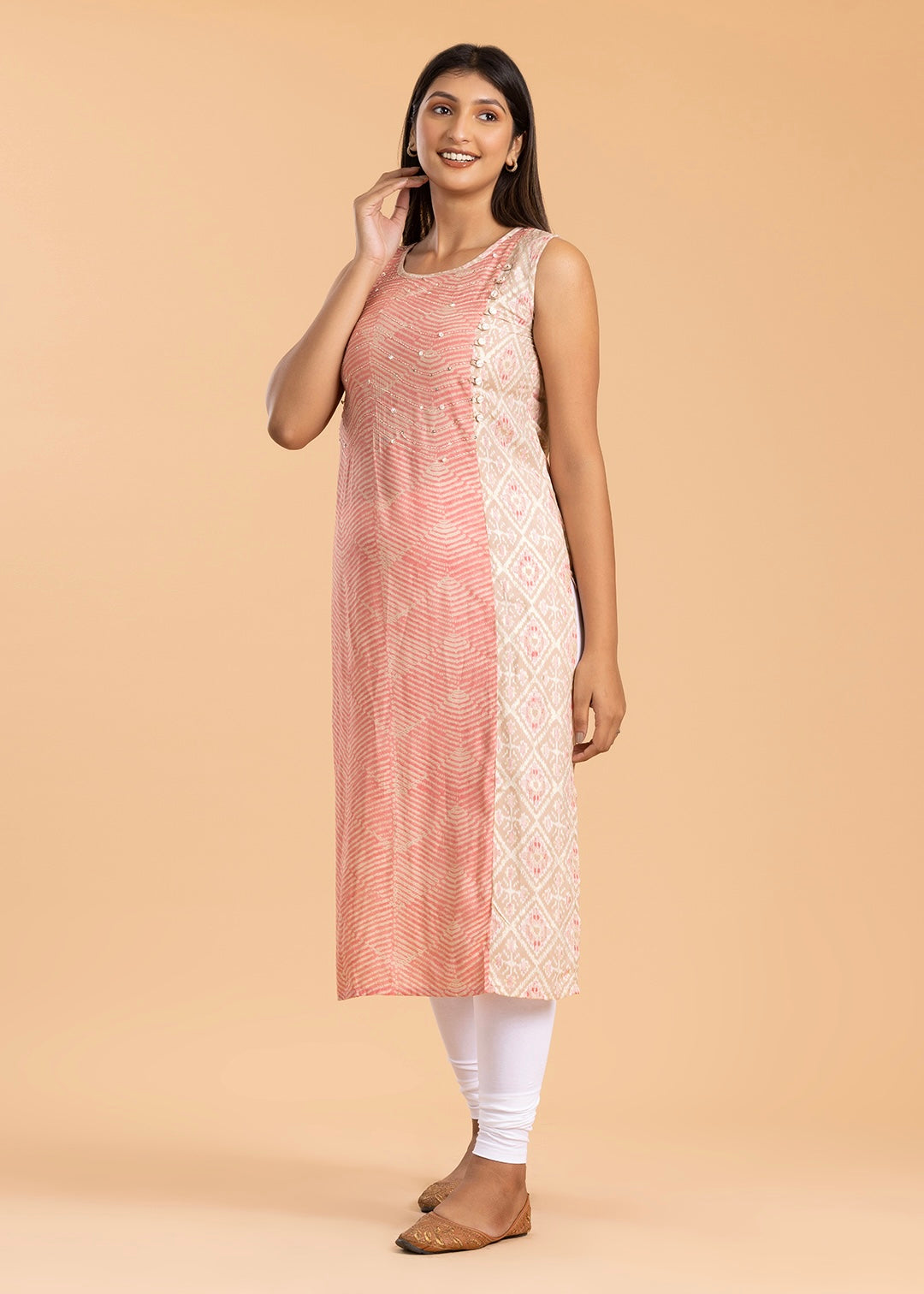 Peach Printed Rayon Cotton Kurti