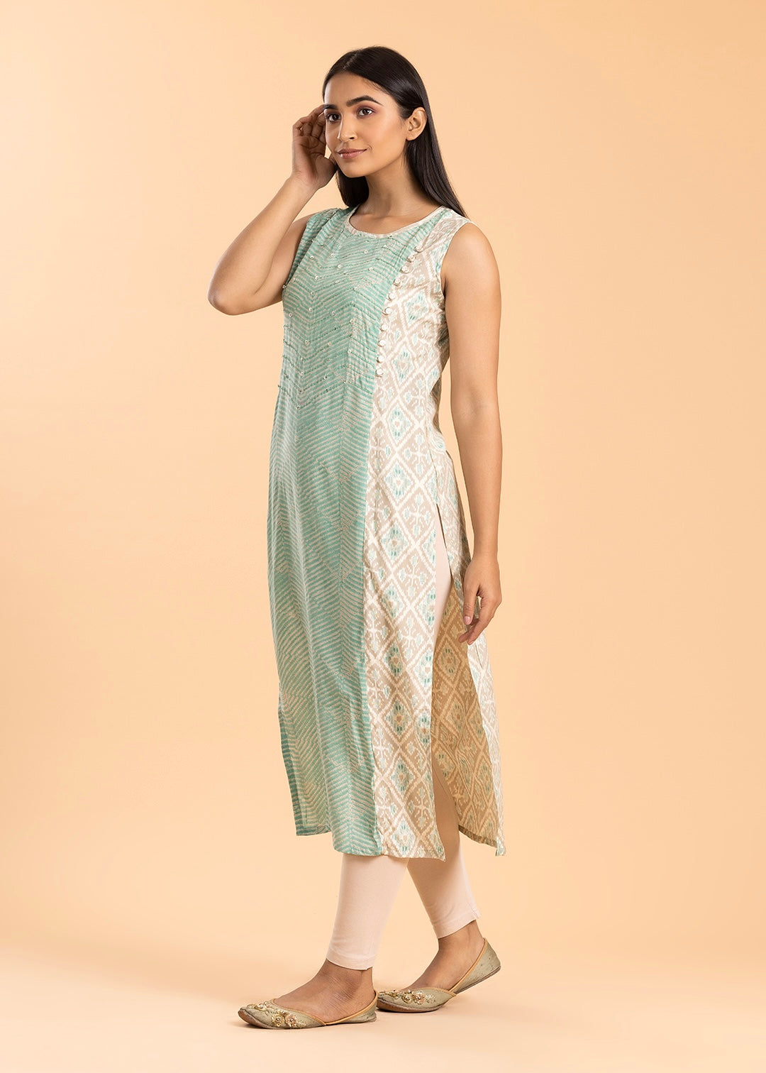 Sea Green Printed Rayon Cotton Kurti