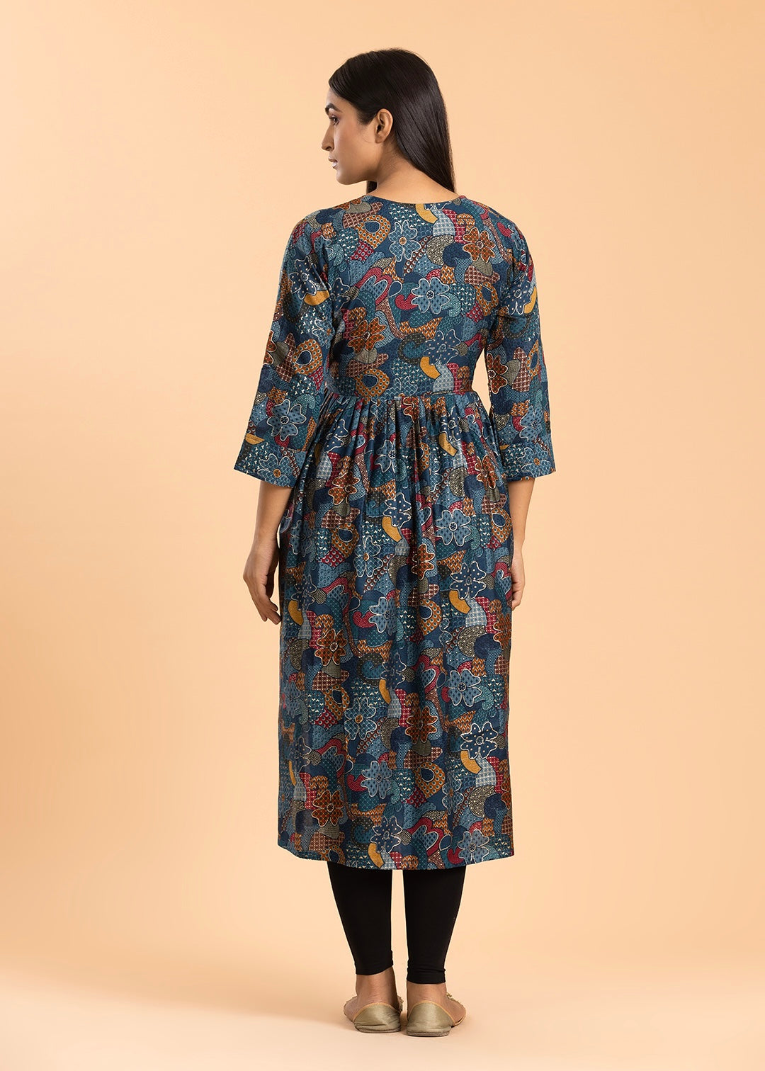 Dark Blue Printed Rayon Cotton Kurti