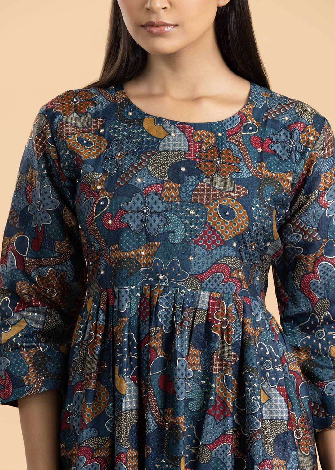 Dark Blue Printed Rayon Cotton Kurti