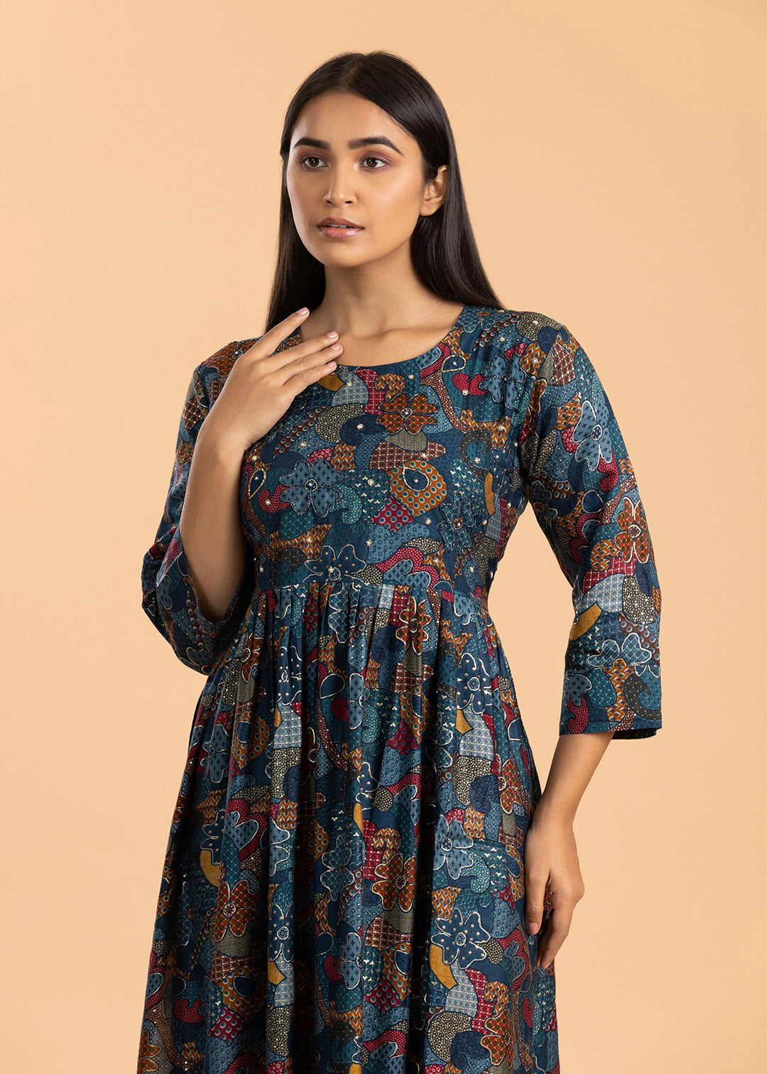 Dark Blue Printed Rayon Cotton Kurti