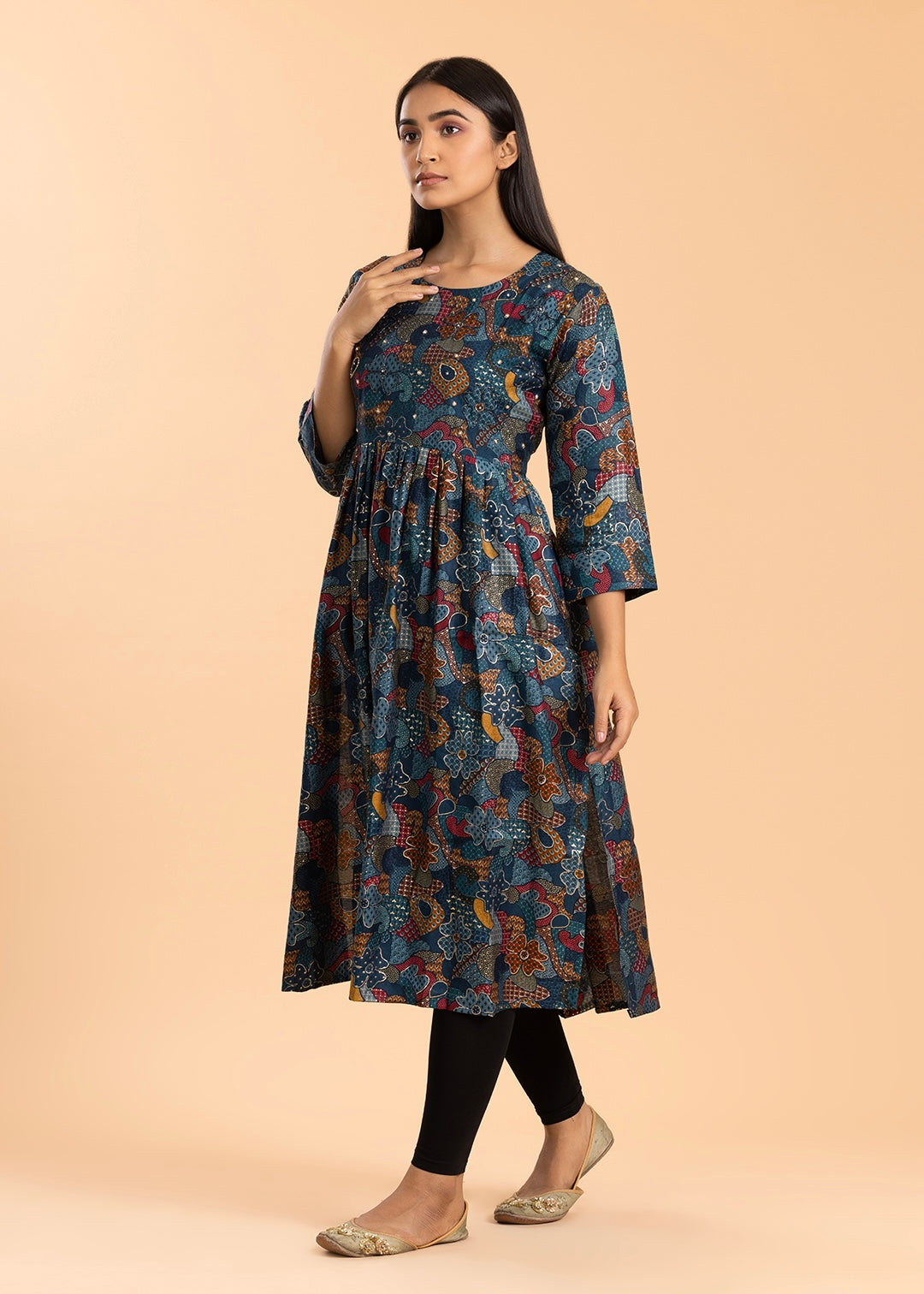 Dark Blue Printed Rayon Cotton Kurti