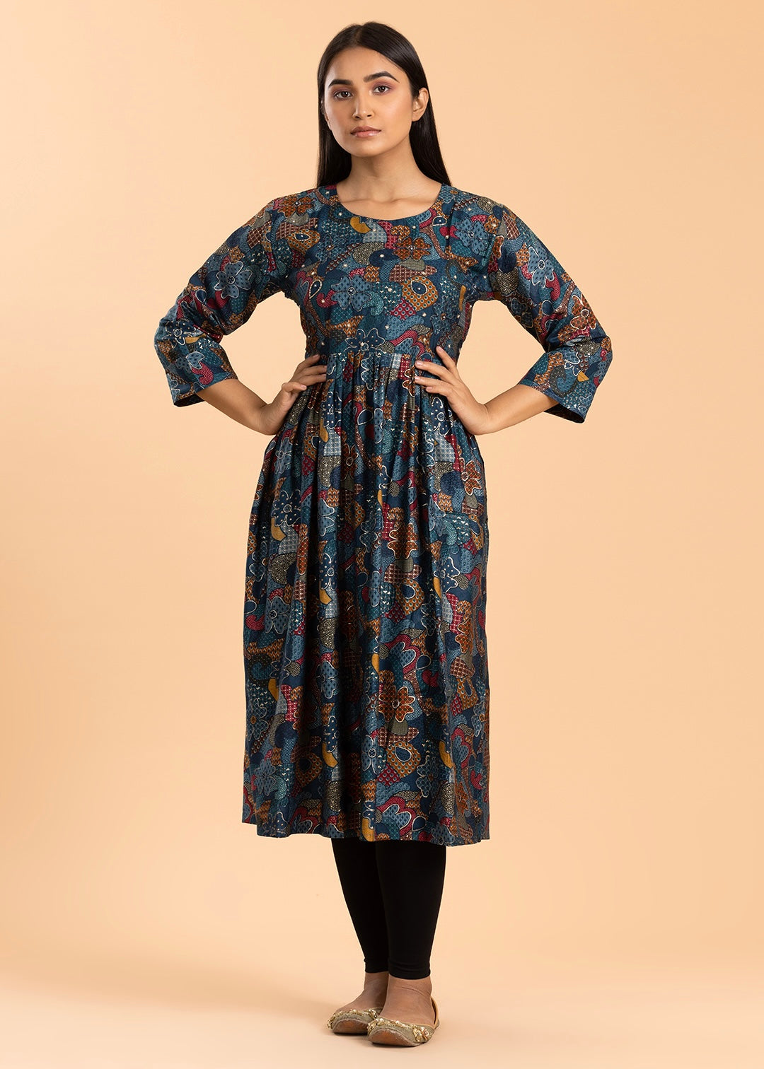 Dark Blue Printed Rayon Cotton Kurti