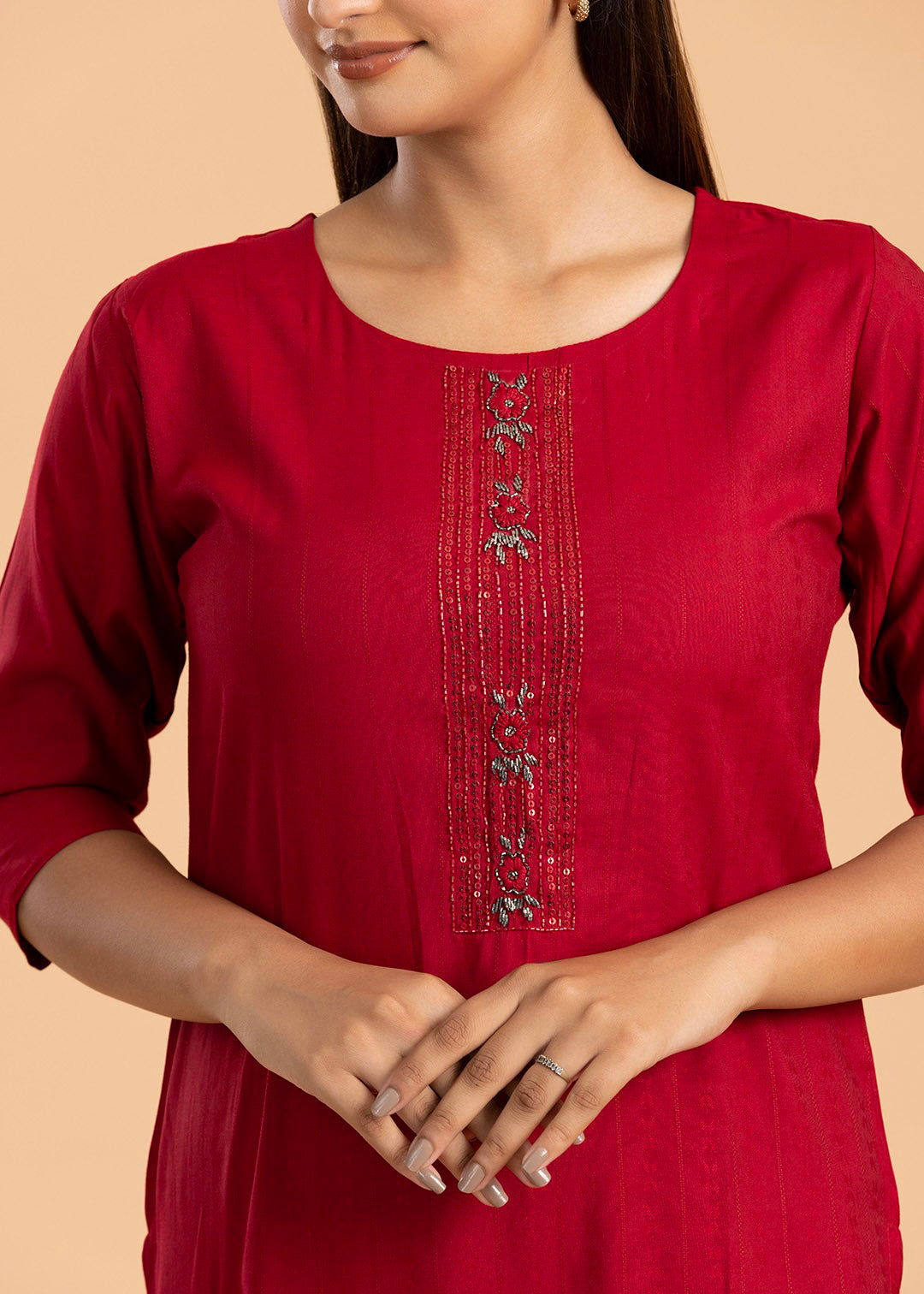 Red Solid Rayon Cotton Kurti