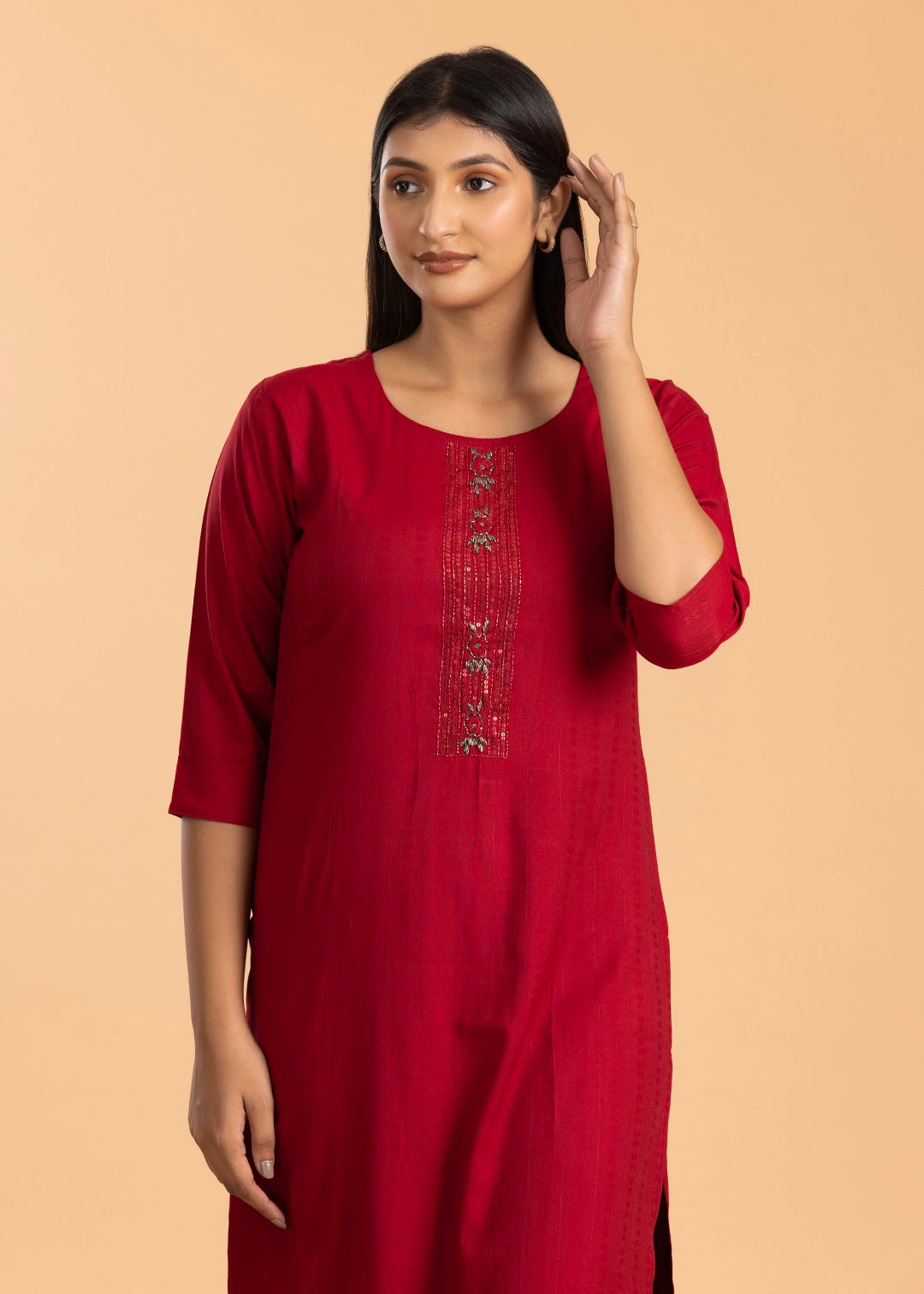 Red Solid Rayon Cotton Kurti