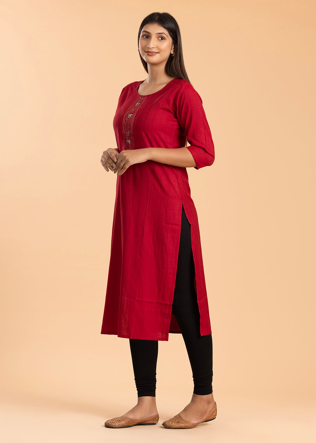 Red Solid Rayon Cotton Kurti