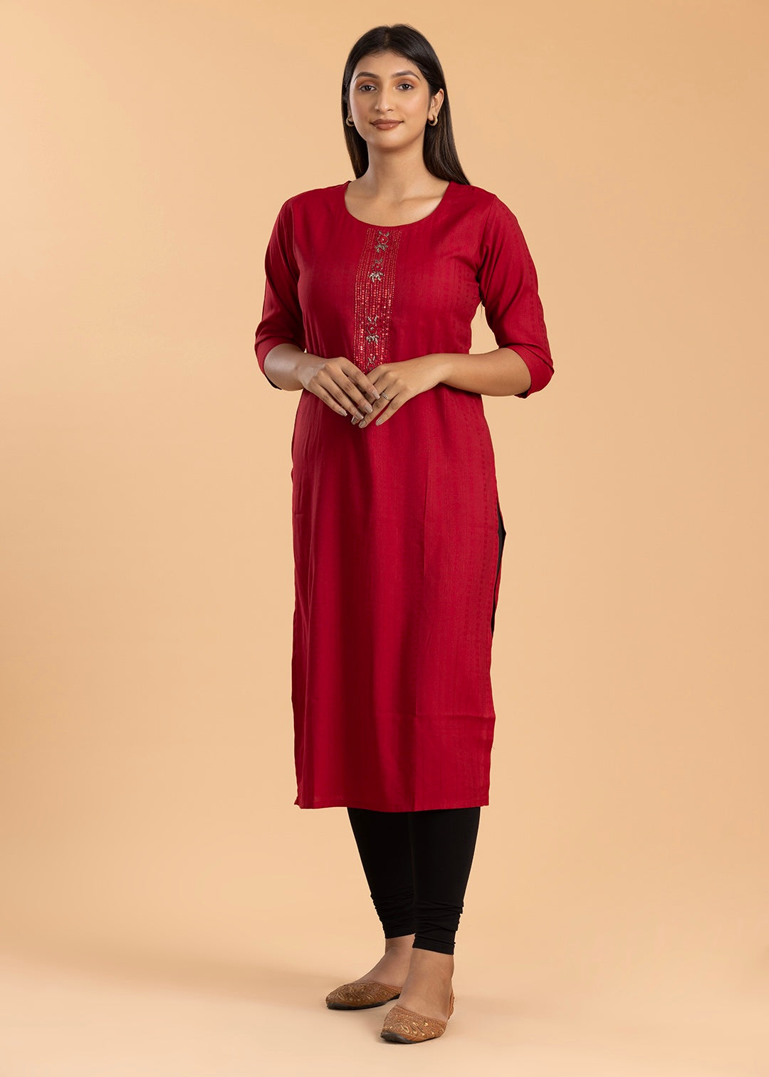 Red Solid Rayon Cotton Kurti