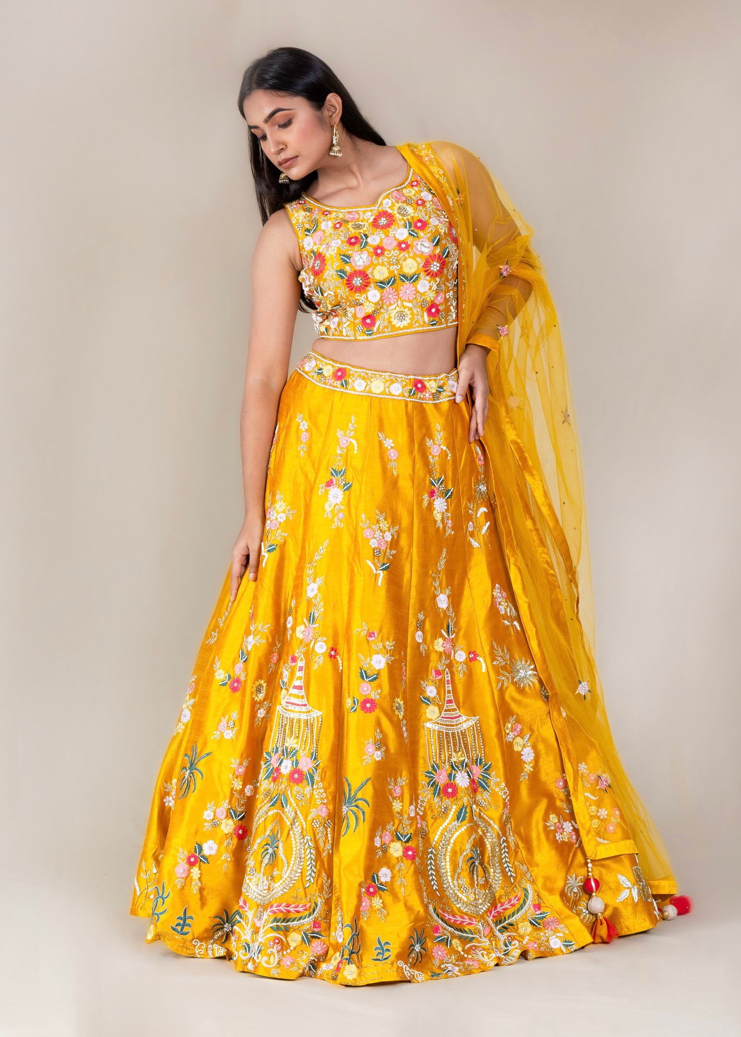 Mustard Yellow Chanderi Silk Readymade Lehenga