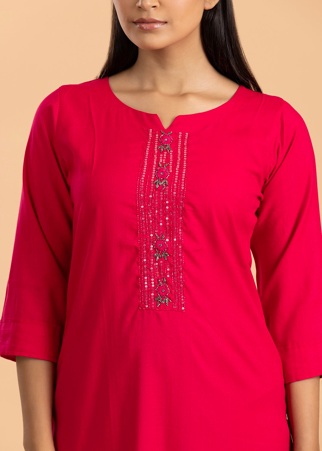 Fuchsia Pink Solid Rayon Cotton Kurti