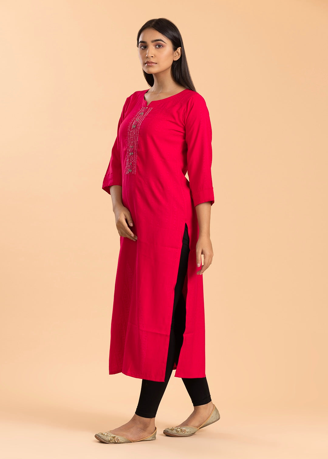 Fuchsia Pink Solid Rayon Cotton Kurti