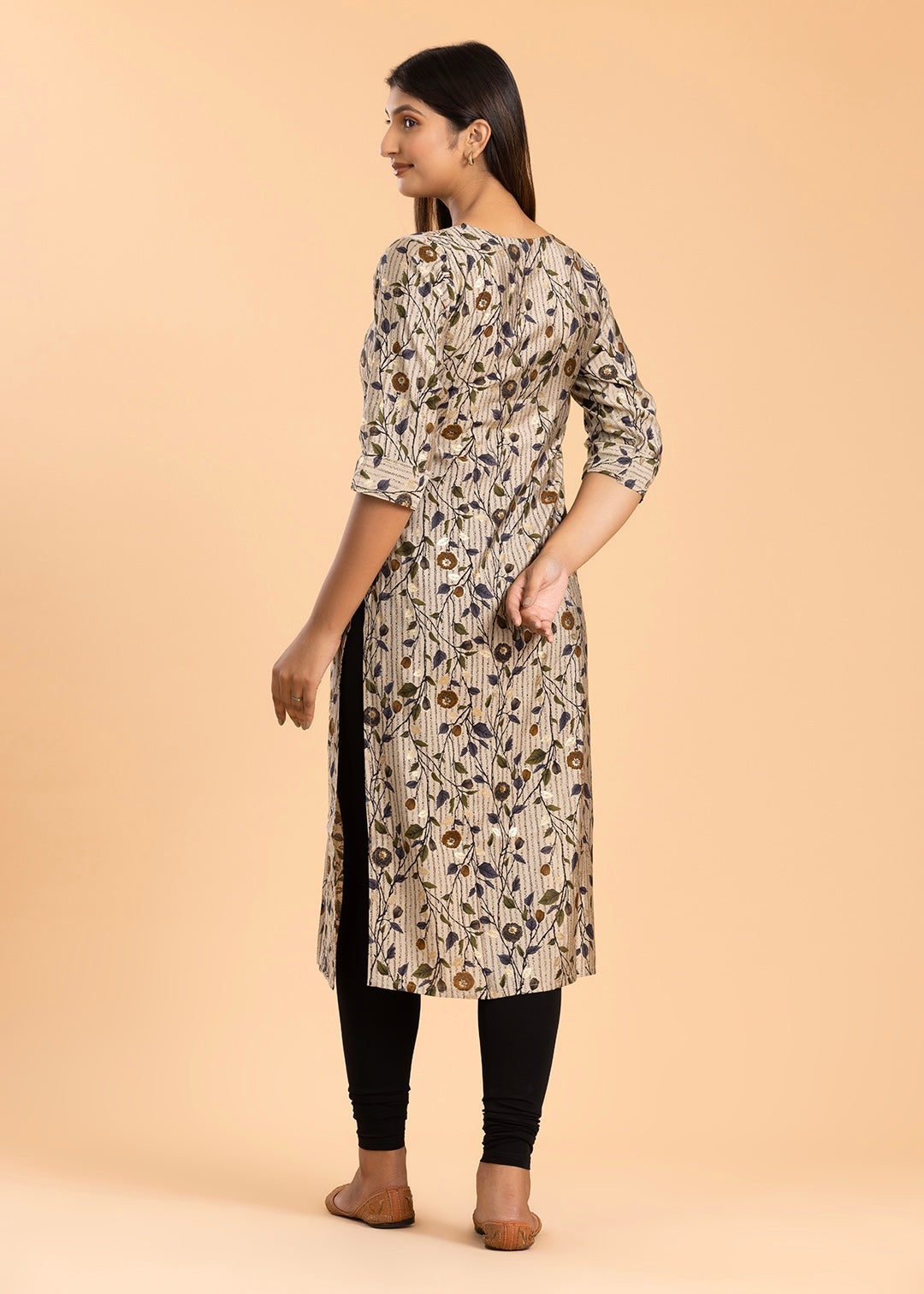 Beige Floral Print Rayon Cotton Kurti