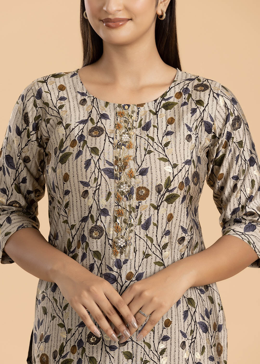 Beige Floral Print Rayon Cotton Kurti