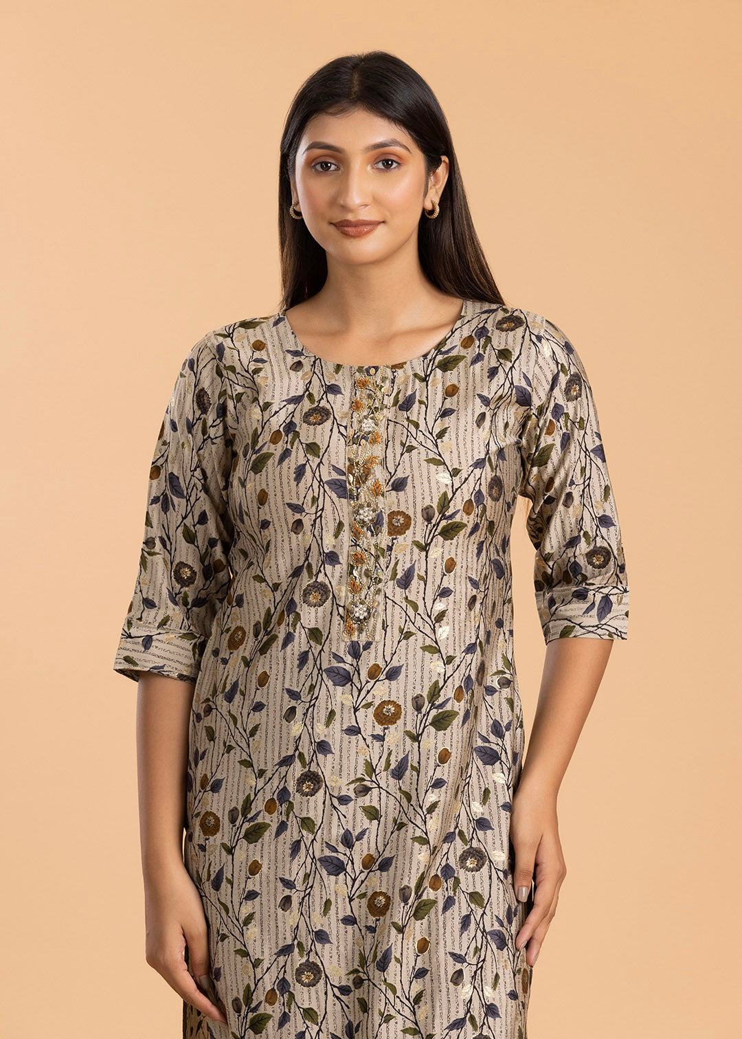 Beige Floral Print Rayon Cotton Kurti