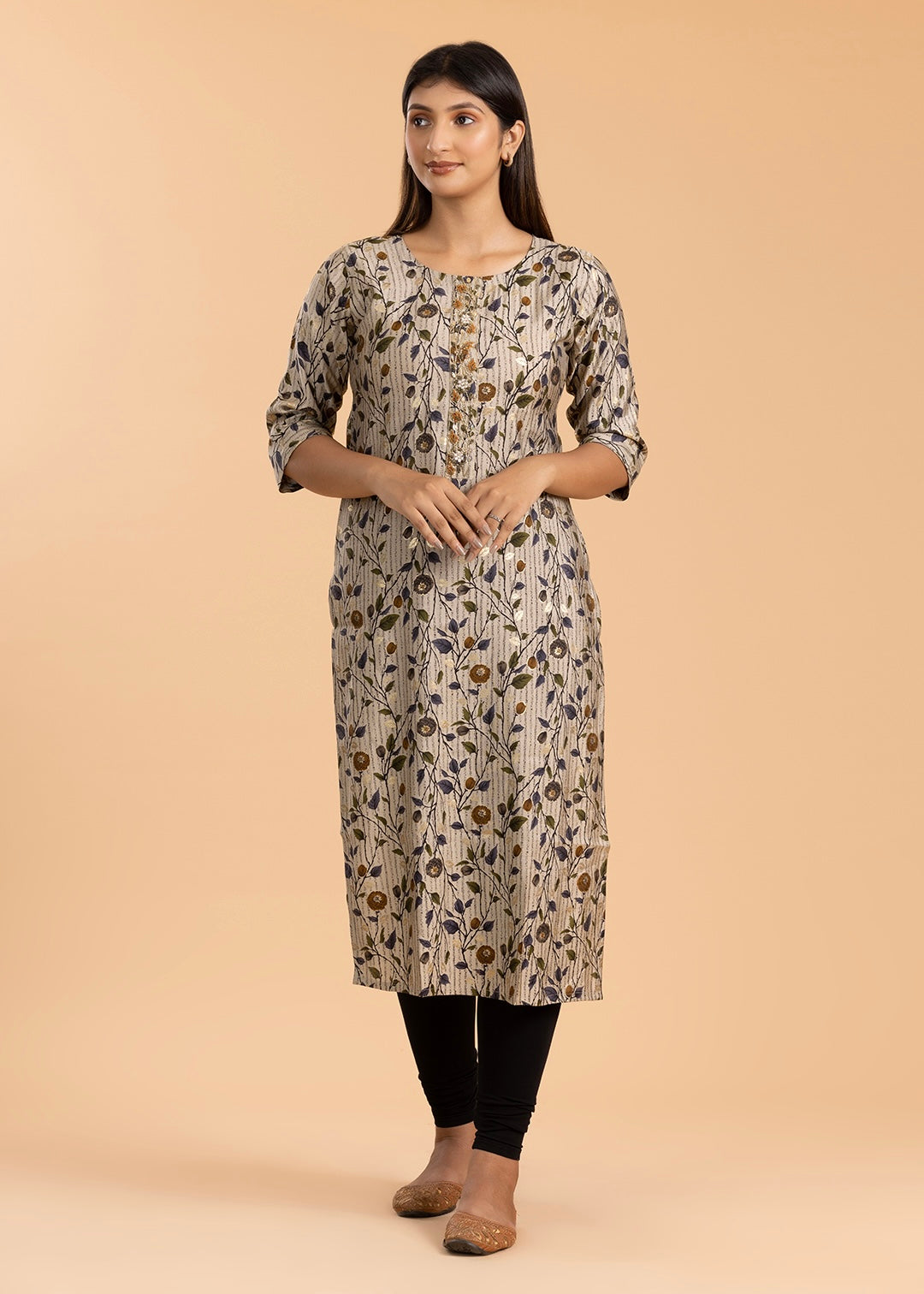 Beige Floral Print Rayon Cotton Kurti