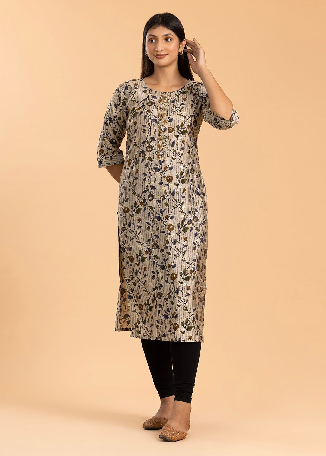 Beige Floral Print Rayon Cotton Kurti