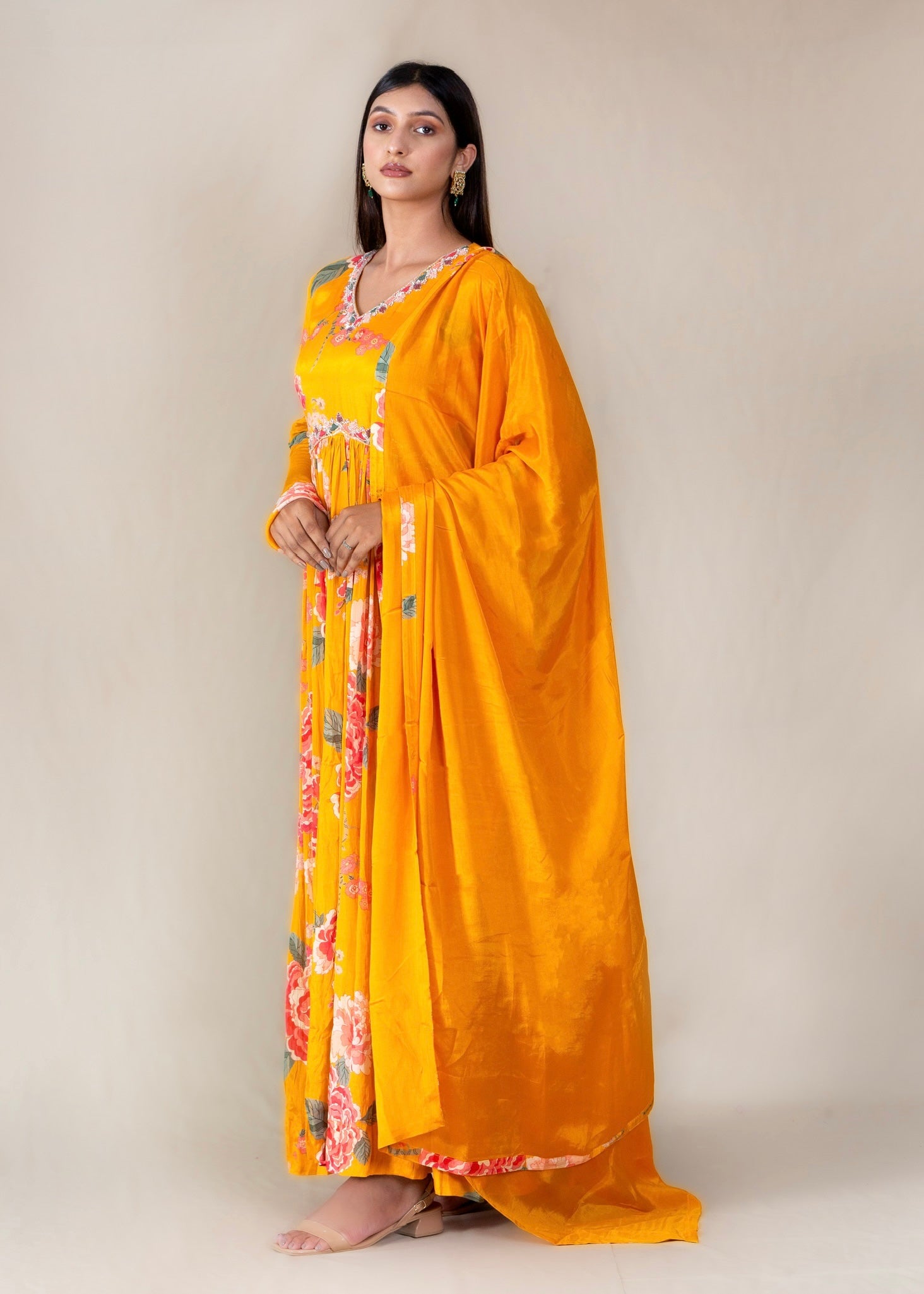 Yellow Floral Print Anarkali Gown with Dupatta