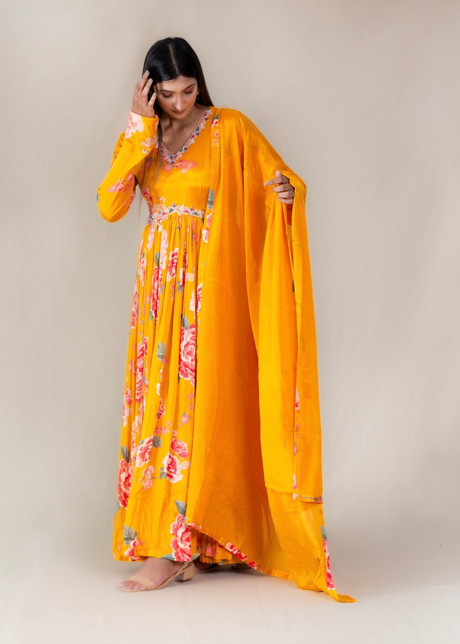 Yellow Floral Print Anarkali Gown with Dupatta