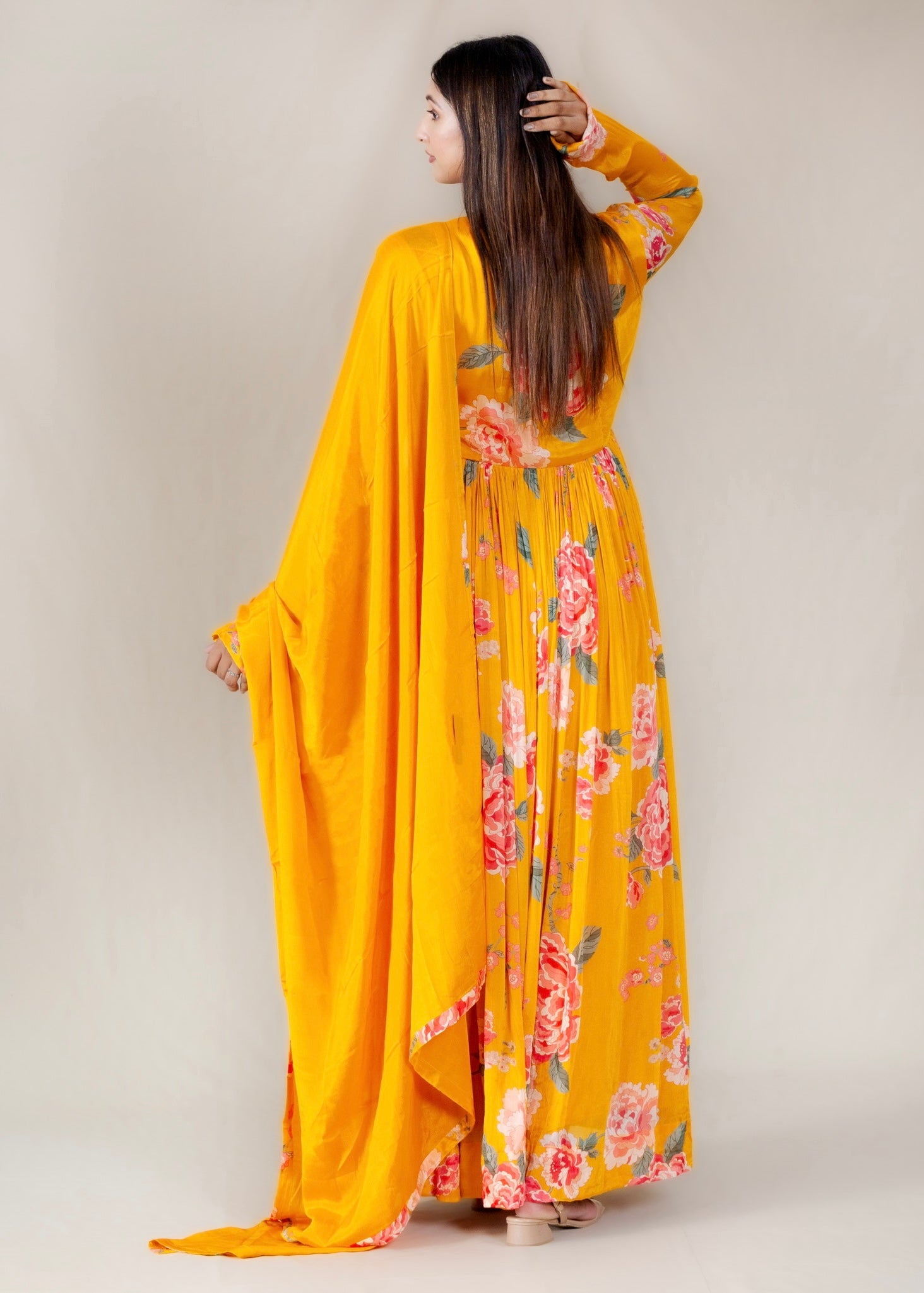 Yellow Floral Print Anarkali Gown with Dupatta