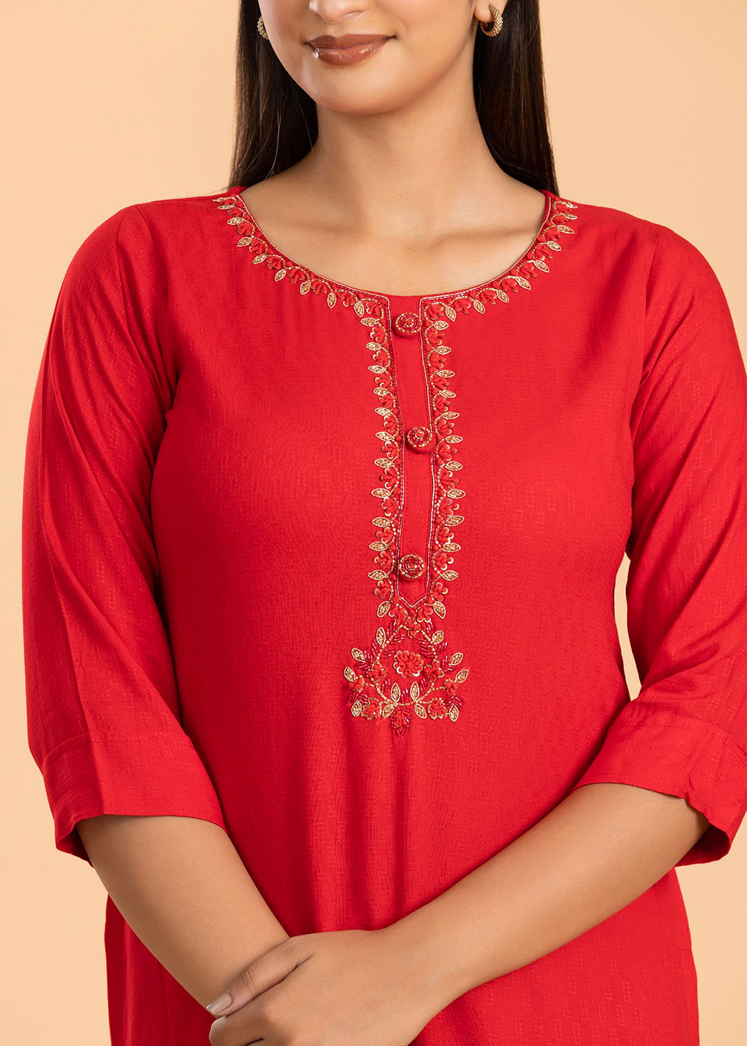 Red Embroidered Rayon Cotton Kurti