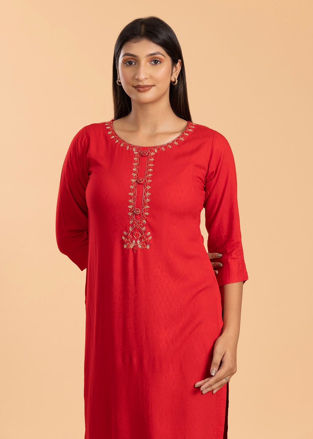 Red Embroidered Rayon Cotton Kurti