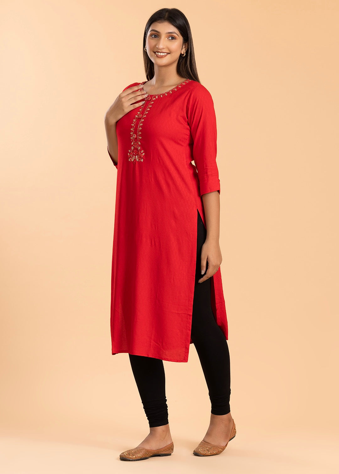 Red Embroidered Rayon Cotton Kurti