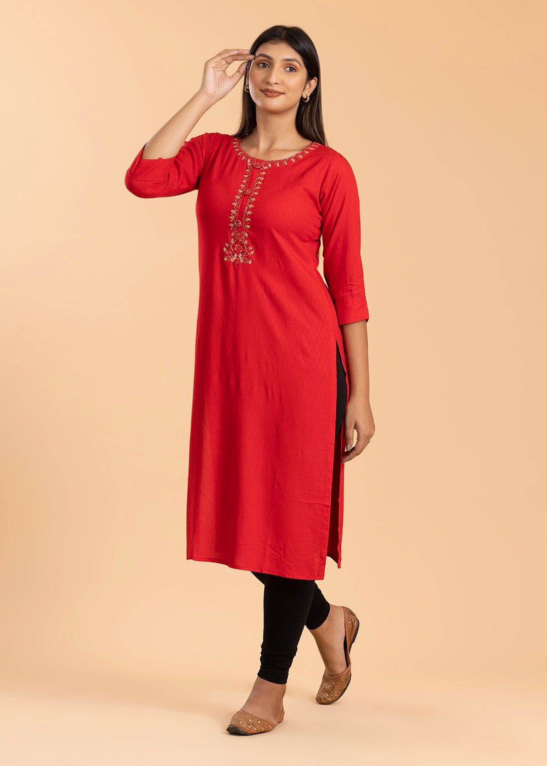 Red Embroidered Rayon Cotton Kurti