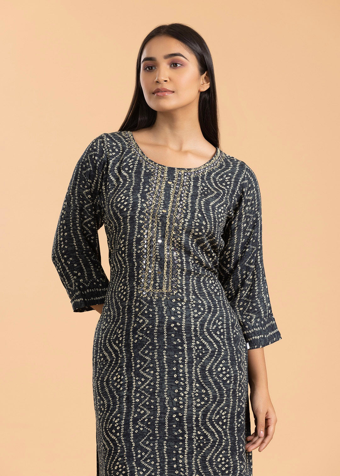 Dark Grey Printed Rayon Cotton Kurti